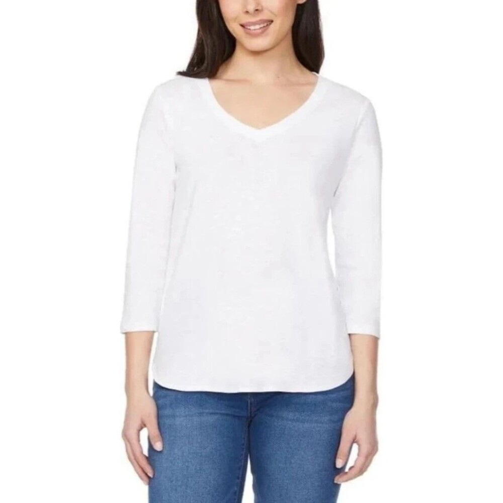 Kirkland Signature Slub V Neck Tee White 3/4 Sleeve Women’s Medium Top
